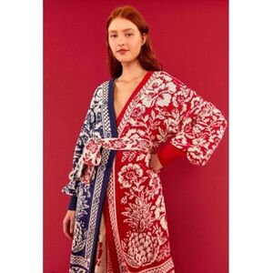 FARM Rio Pineapple Garden Belted Cardigan Floral Open Cotton Blue Red Size XL